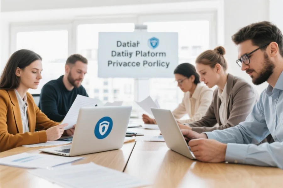 一组用户在明亮的办公室内认真阅读数据平台的隐私政策,桌上放着带有安全标识的笔记本电脑和文件
